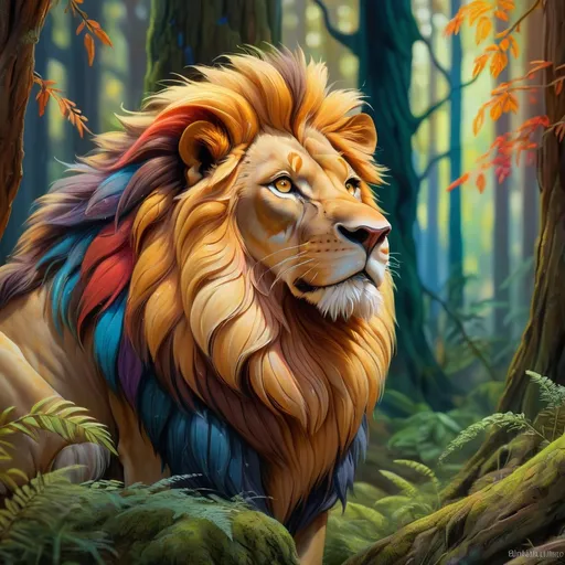 Prompt: Majestic lion in a mystical ancient forest, oil painting, vibrant and rich colors, detailed fur with warm highlights, piercing eyes, tranquil atmosphere, high quality, realistic, warm tones, mystical, detailed mane, professional, natural lighting