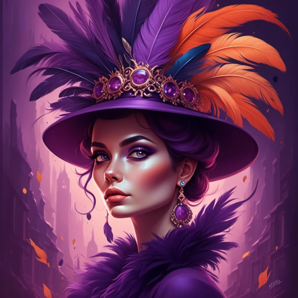 Prompt: a woman wearing a purple hat with feathers on it's head and a purple dress with a purple dress and a purple hat with orange feathers, Edwin Georgi, fantasy art, highly detailed digital painting, a detailed painting <mymodel>