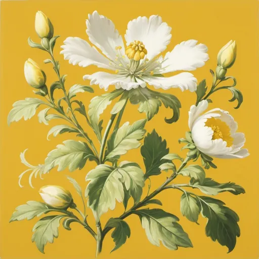 Prompt: a white and yellow flower with green leaves on a yellow background with a yellow background and a white and yellow flower, Annabel Kidston, rococo, artgem, a flemish Baroque