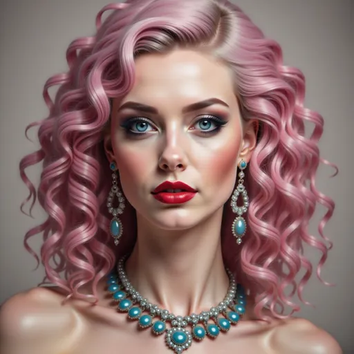 Prompt: a woman with pink hair and a necklace and earrings on her neck and chest, wearing a necklace and earrings, Edwin Georgi, photorealism, highly detailed digital painting, a photorealistic painting