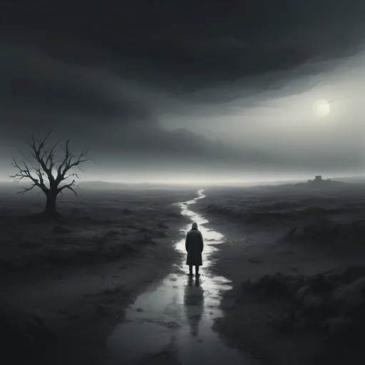 Prompt: Depressive digital art illustration, desaturated colors, lonely figure in a desolate landscape, haunting atmosphere, high quality, digital painting, desaturated, haunting, emotional, lonely figure, desolate landscape, somber mood, atmospheric lighting