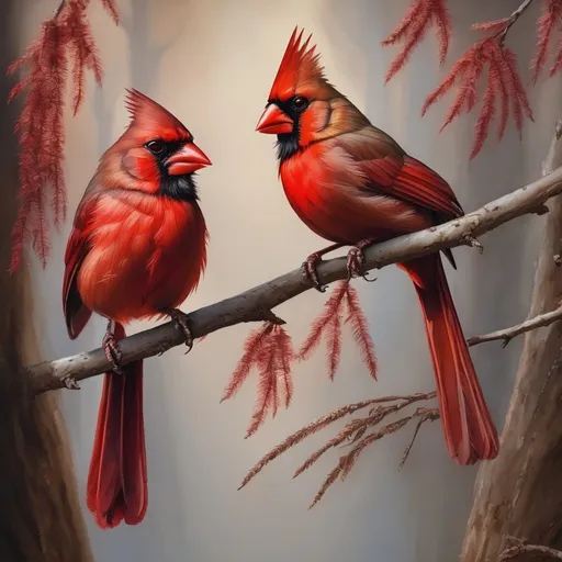 Prompt: Pair of mated Cardinal birds on tree branch, realistic painting, vibrant red feathers, detailed feathers, natural setting, high quality, realistic, traditional art, warm tones, natural lighting
