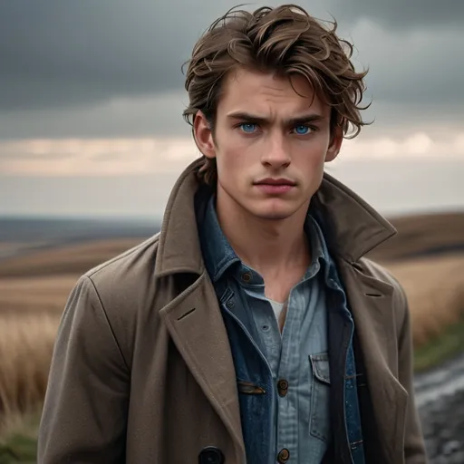 Prompt: A striking young man stands against a muted, overcast landscape, with low, dark clouds looming above. His tousled, light brown hair catches the soft light, framing his chiseled features and intense blue eyes that gaze thoughtfully into the distance. Dressed in a rugged brown coat layered over a denim shirt, he exudes a mix of sophistication and rawness, embodying an adventurous spirit. The scene captures a tranquil yet slightly melancholic mood, with golden grasses swaying gently in the breeze and a sense of solitude permeating the air, suggesting a narrative of reflection and exploration in nature’s embrace.