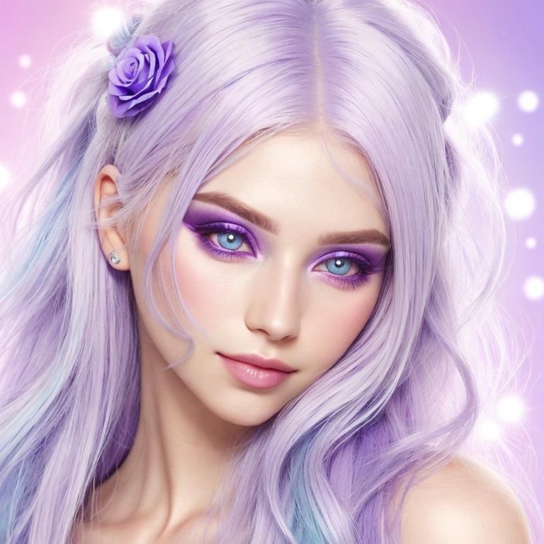 Prompt: A beautiful woman, white hair with pastel purple highlights, violet eyes, blue eyeshadow, pastel blue roses in her hair, blue jewels on forehead, cartoon style