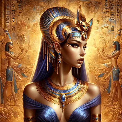 Prompt: a woman in a blue dress with a gold headpiece and earrings on her head, with a golden background, Donato Giancola, fantasy art, highly detailed digital painting, egyptian art