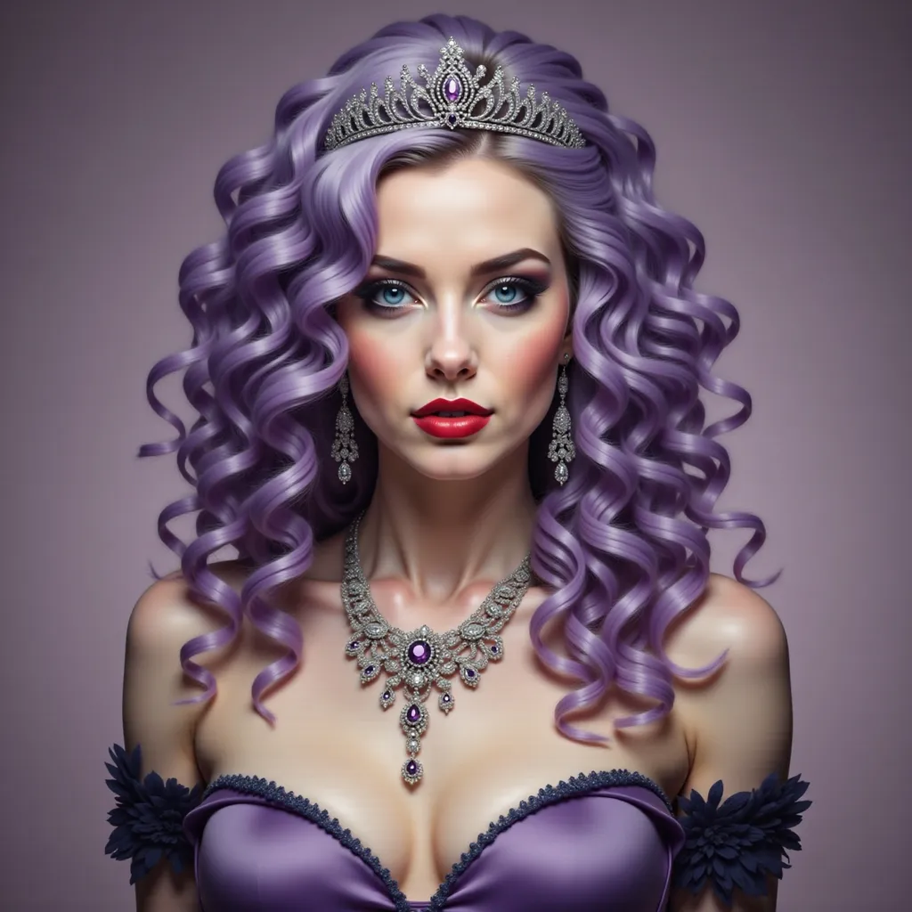 Prompt: a woman with purple hair wearing a tiara and a purple dress with a diamond necklace and earrings on, Anne Stokes, gothic art, highly detailed digital painting, a detailed painting