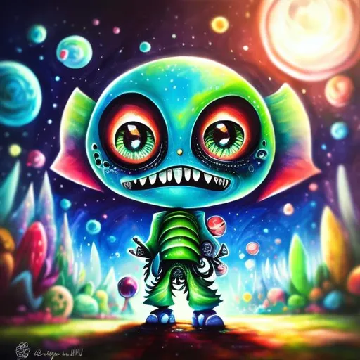 Prompt: Whimsical, cute alien, cartoon style, vibrant colors, large expressive eyes, playful demeanor, alien landscape, otherworldly plants, best quality, high resolution, vibrant, cartoon, cute, whimsical, otherworldly, playful, expressive eyes, alien landscape, vibrant colors, professional