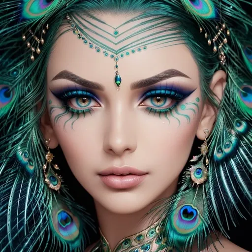 Prompt: Gorgeous woman with beautiful makeup and hair, peacock feathers, high-quality, detailed, realistic, elegant, vibrant colors, professional makeup, glamorous lighting, 4k resolution, portrait, detailed facial features, luxurious, exotic, peacock feathers, elegant hairstyle, stunning makeup, beauty shot