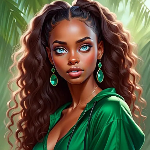 Prompt: <mymodel>Detailed illustration of a woman in vibrant green attire, large vivid green eyes, elegant makeup, digital painting, high resolution, realistic style, vibrant green, professional lighting