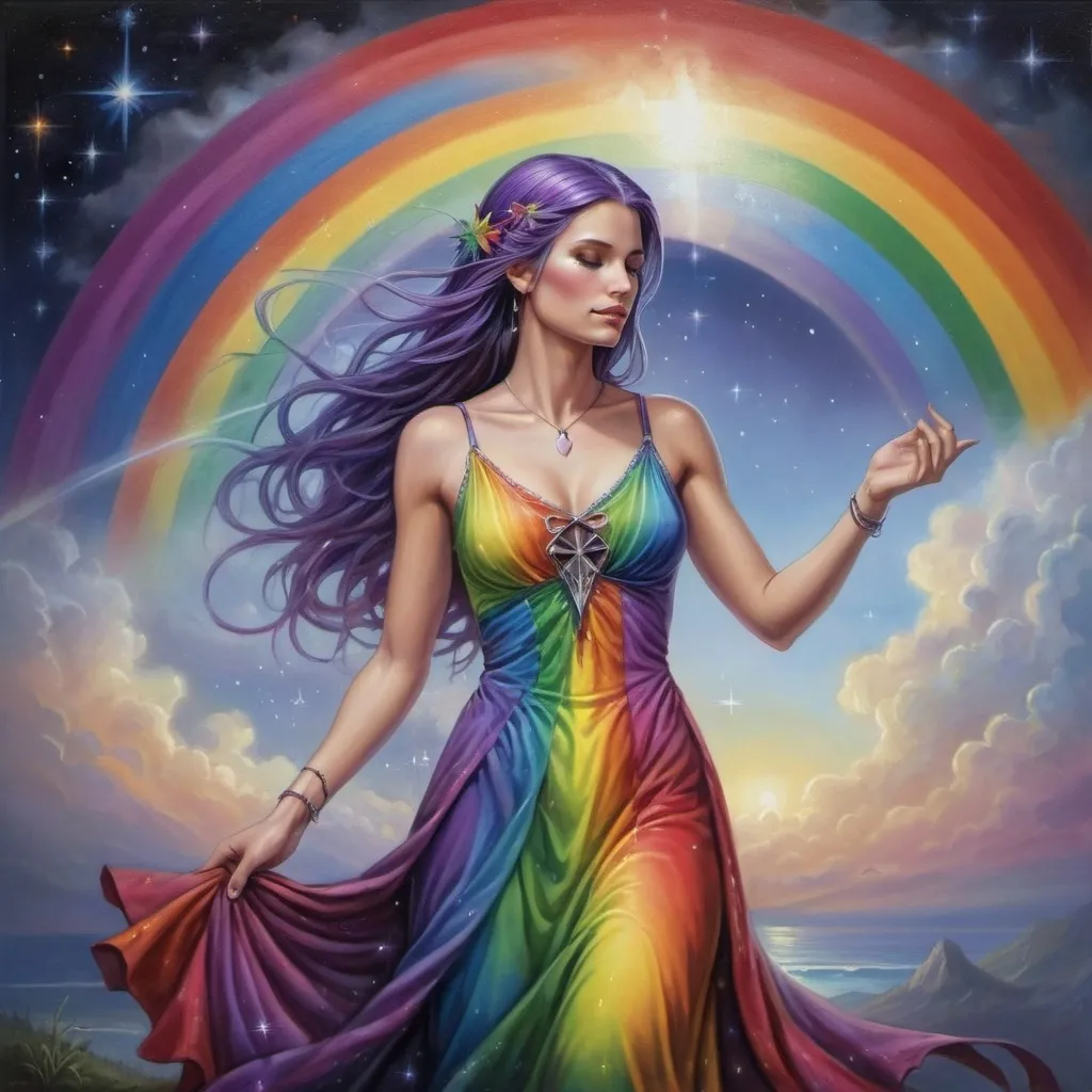 Prompt: a painting of a woman in a rainbow dress with a rainbow in the background and stars in the sky, Anne Stokes, fantasy art, mystical colors, a detailed painting