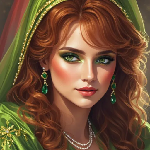 Prompt: <mymodel>Detailed illustration of a woman in vibrant green attire, large vivid green eyes, elegant makeup, digital painting, high resolution, realistic style, vibrant green, professional lighting