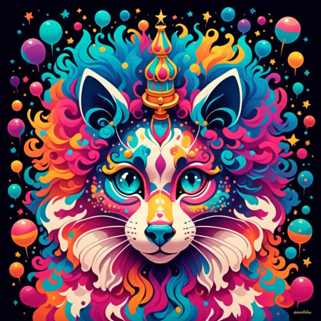 Prompt: <mymodel>a psychedelic  clown like feline with an explosion of color 