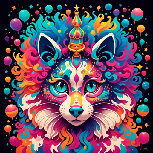 Prompt: <mymodel>a psychedelic  clown like feline with an explosion of color 