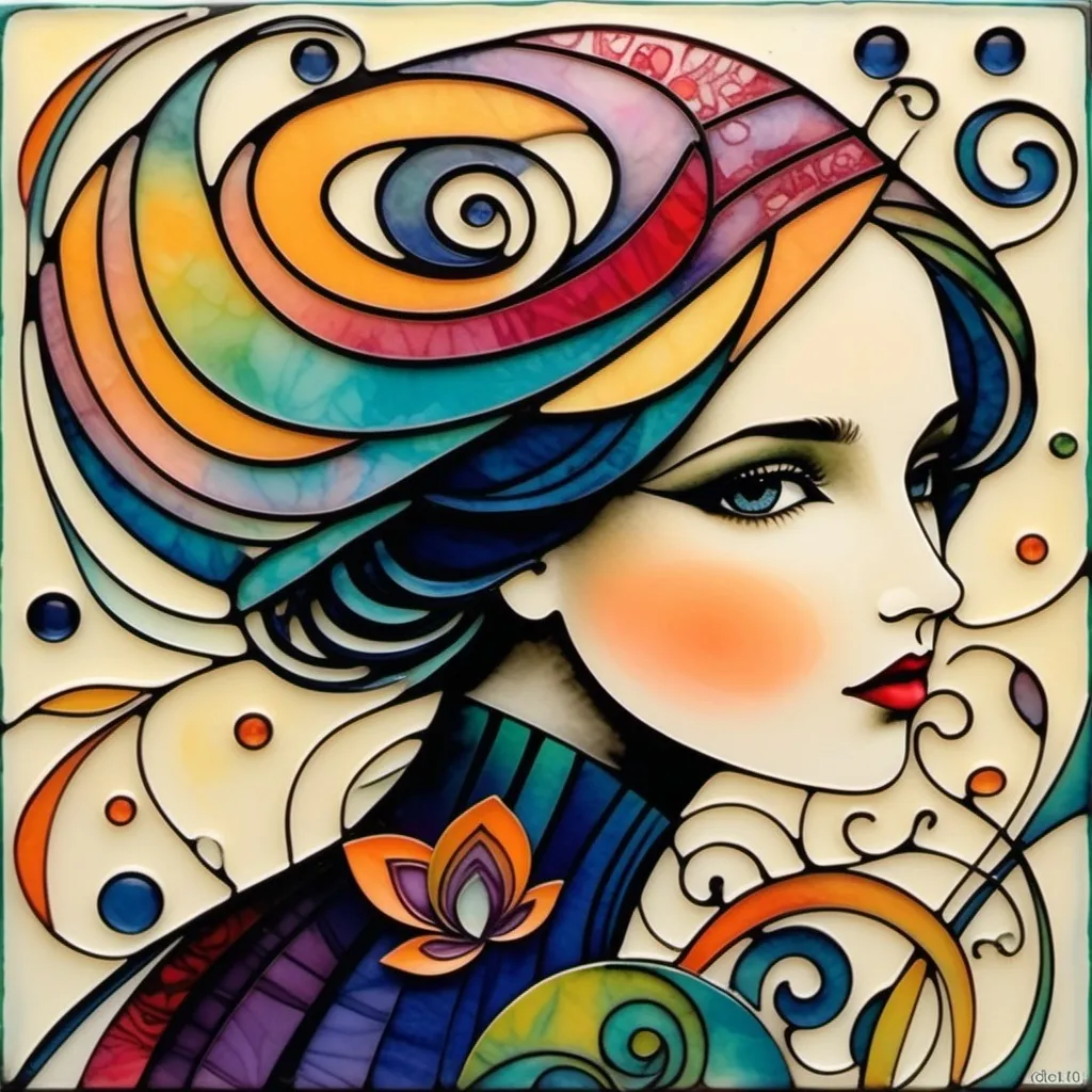Prompt: Abstract encaustic texture, gradient inking colors, Jessica Galbreth, Irmgard Schoendorf Welch, Javier Mariscal, Charles Rennie Mackintosh, Lee Mullican style, a beautiful whimsical young woman, wonderland, decoupage.