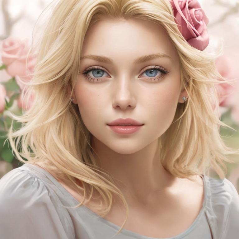 Prompt: blonde girl with pink rose