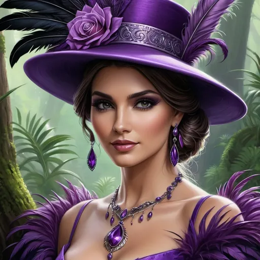 Prompt: a painting of a woman wearing a purple hat with feathers on it's brim and a purple dress, Anne Stokes, fantasy art, highly detailed digital painting, a detailed painting