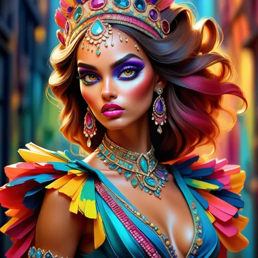 Prompt: digital painting, dramatic colourful makeup, high fashion, intense gaze, realistic portrayal, vibrant colors, detailed features, highres, professional, dramatic, realistic, digital painting, intense gaze, vibrant colors, detailed features, high fashion, glamorous lighting