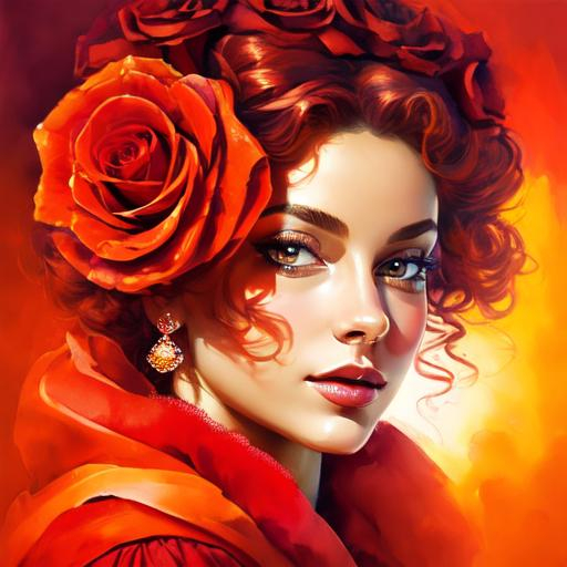 Prompt: fairy goddess, warm colors, fiery  red roses,
background, closeup