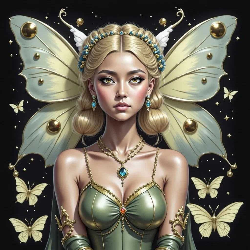 Prompt: a fairy  with Lunar moth wings