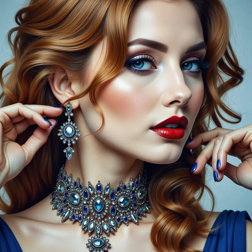 Prompt: a painting of a woman with  red hair, a necklace and earrings and a red lip and a blue dress, Arie Smit, photorealism, extremely detailed oil painting, a photorealistic painting