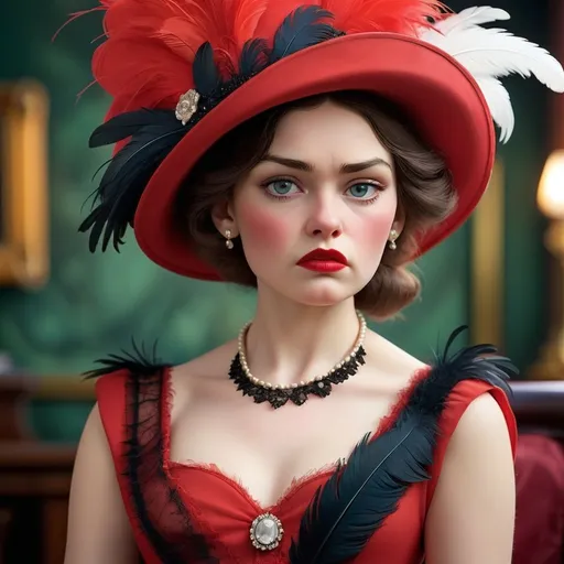 Prompt: <mymodel>fashionable 1st class  female passenger on the Titanic, pale skin, dark styled hair, large lips,  looking sad, facial closeup, vibrant colors, red dress and elaborate hat with feathers
