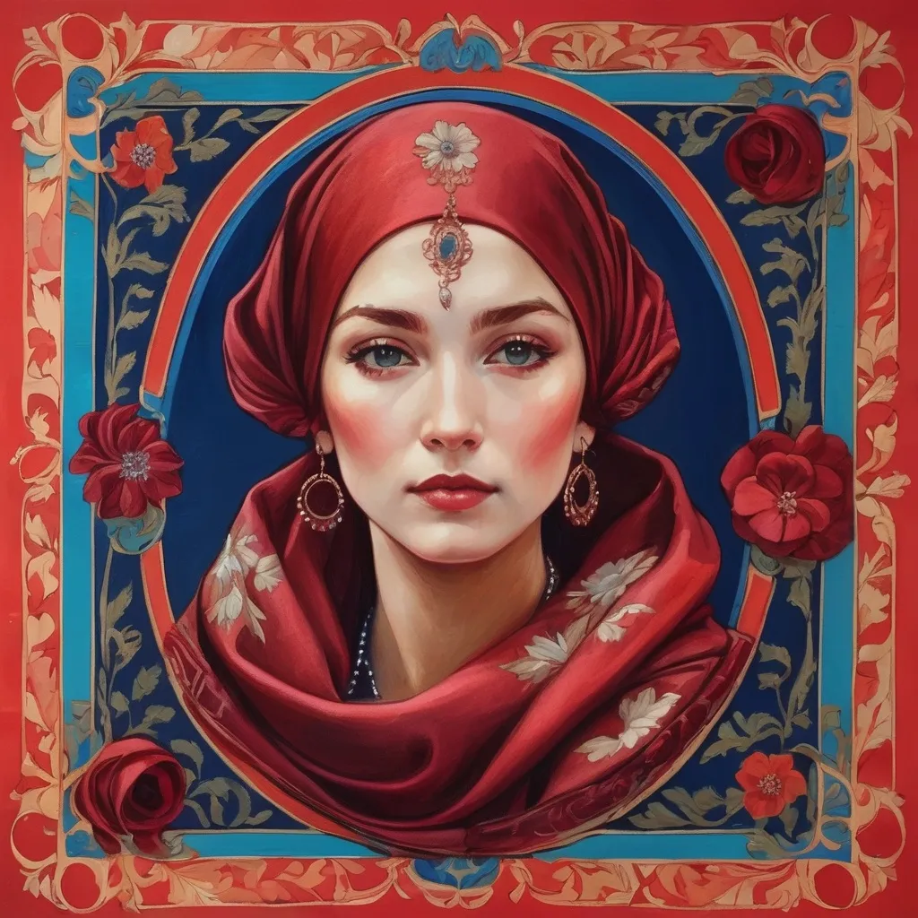 Prompt: a painting of a woman with red hair and a red head scarf with flowers on it, in a circle, Elina Karimova, qajar art, art nouveau fashion embroidered, a silk screen