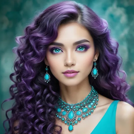 Prompt: <mymodel>An extremely gorgeous woman,  with turquoise jewels, in color scheme of purple, long curly hair