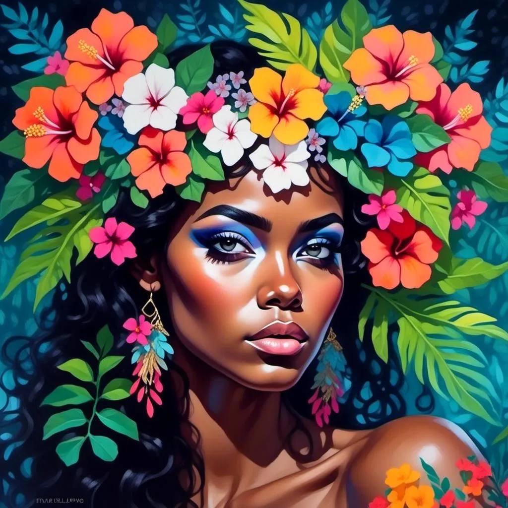 Prompt: <mymodel> Painting of the portrait of a pretty Melanesian woman, wearing cocontractant leaves crown and hibiscus flowers on her left ear. She has long thick afro hair, a black skin and she is surrounded by tropical nature and flowers.