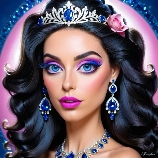 Prompt: <mymodel>a Sapphire lady, feminine elegant princess ,  dark hair, large blue eyes, wearing jewls in her hair,  beautiful makeup, blue eyeshadow, dark pink lipstick, facial closeup