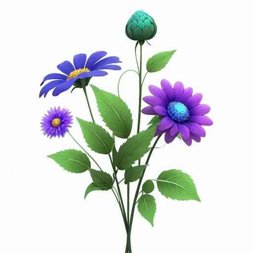 Prompt: a bouquet of flowers with green leaves on a white background with a blue flower and purple flower on the stem, Beeple, synchromism, flowers, computer graphics