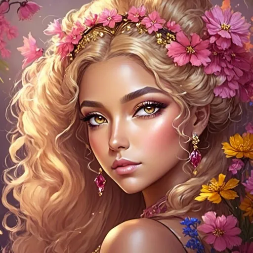 Prompt: a young fairy of spring, very curly hair, pink glow on cheeks,wildflowers, vivid colors, closeup<mymodel>