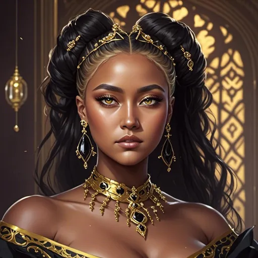 Prompt: <mymodel> a woman with a gold necklace and earrings on her head, wearing a black dress and a gold necklace, Chinwe Chukwuogo-Roy, afrofuturism, regal, a character portrait