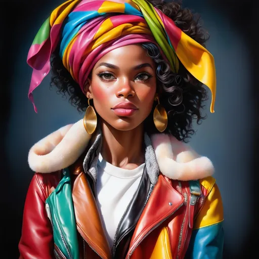 Prompt: a painting of a black woman with a colorful scarf on her head and a leather jacket on her shoulders, wearing a leather jacket and a colorful scarf, Edwin Georgi, photorealism, highly detailed digital painting, a photorealistic painting