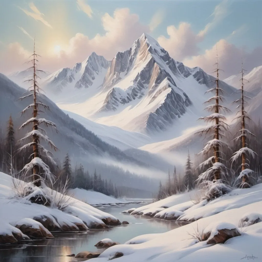 Prompt: Snowy mountain landscape, oil painting, snow-capped peaks, serene winter scene, high quality, realistic, cool tones, soft lighting, peaceful atmosphere