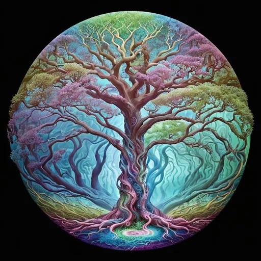 Prompt: Surrealistic depiction of the Tree of Life, vibrant and otherworldly, swirling branches and roots, dreamlike atmosphere, mysterious and enchanting, high quality, detailed surrealism, magical realism, whimsical colors, ethereal lighting, mystical infusion, vibrant and dreamlike, mystical, enchanted, surrealism, vibrant colors, swirling branches, dreamlike, high quality, detailed, magical realism, ethereal lighting