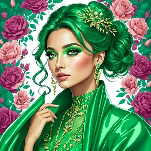 Prompt: <mymodel>Detailed illustration of a asian woman in vibrant green attire, large vivid green eyes, elegant makeup, digital painting, high resolution, realistic style, vibrant green, professional lighting