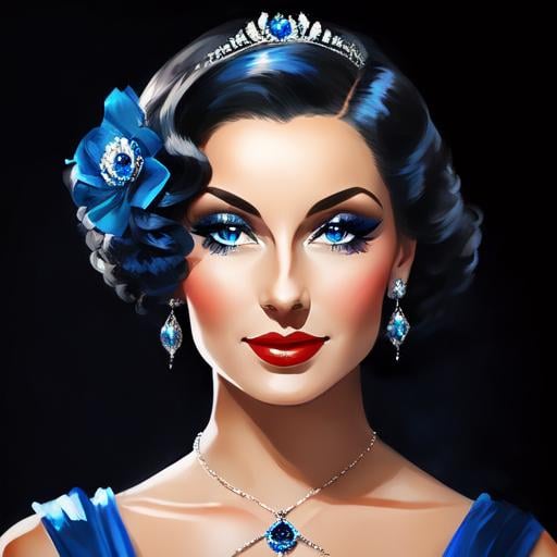 Prompt: Glamorously dressed lady of rhe 1930's wearing sapphire jewelry,blue eyes