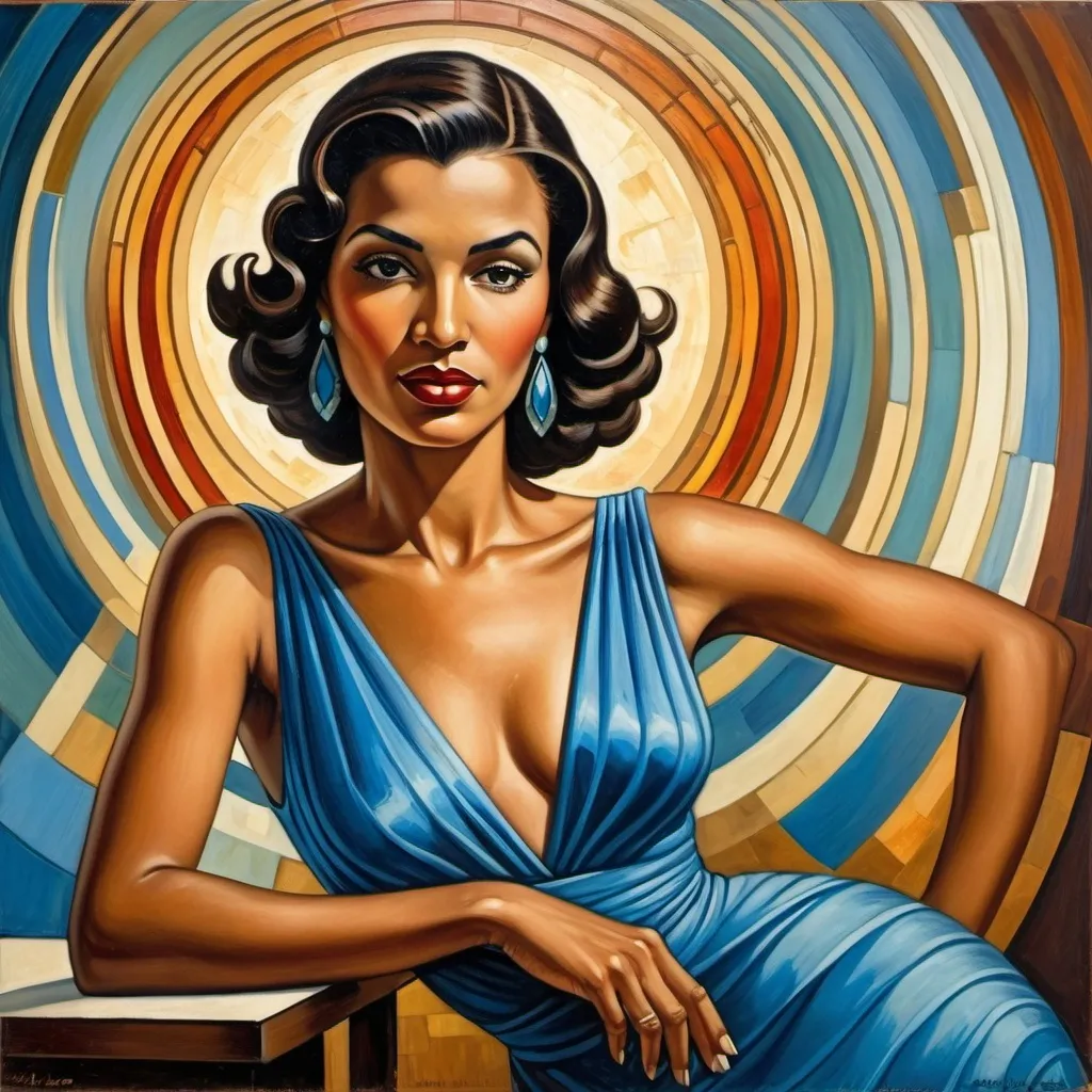 Prompt: a painting of a woman with dark hair and a blue dress , Ernie Barnes, art deco, modern art deco, an art deco painting