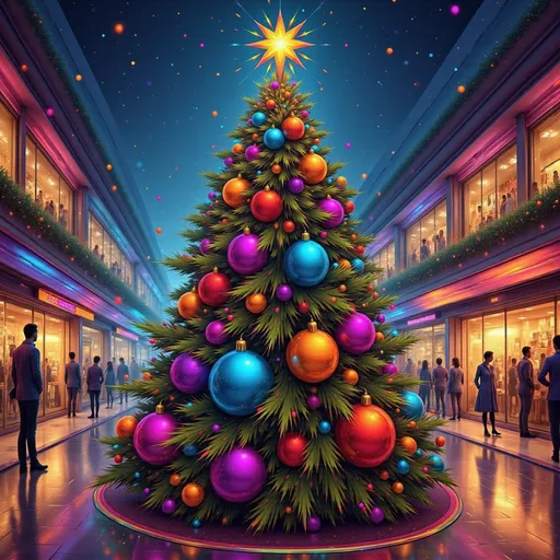 Prompt: a christmas tree is in a shopping mall with people walking around it and a star on top of it, Evgeny Lushpin, naive art, kinkade, a digital rendering