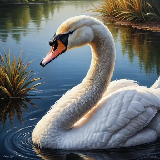 Prompt: Vibrant oil painting of a majestic swan, rich and detailed feathers, serene lake background, traditional oil painting, high-quality, realistic, vibrant colors, majestic pose, lifelike expression, detailed beak and eyes, natural lighting, traditional art style, wildlife art, oil painting, realistic lighting, high-res, serene atmosphere