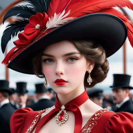 Prompt: <mymodel>fashionable 1st class  female passenger on the Titanic, pale skin, dark styled hair, large lips,  looking sad, facial closeup, vibrant colors, red dress and elaborate hat with feathers