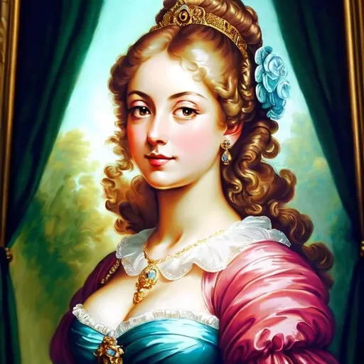 Prompt: Rococo era portrait of a woman, oil painting, luxurious clothing, elaborate hairstyle, ornate jewelry, soft pastel colors, soft and diffused lighting, high quality, detailed brushwork, elegant and refined, opulent setting, intricate lace details, classic beauty, historical art, Rococo style, delicate features, aristocratic charm