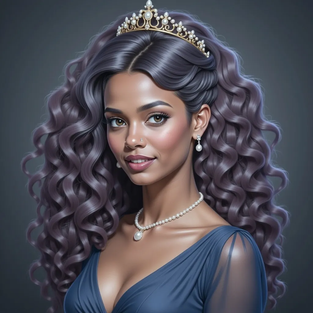 Prompt: a black woman with  long curly and a tiara and a black dress on her head and a black lip and a black dress on her body, Chinwe Chukwuogo-Roy, gothic art, beautiful detailed, a character portrait