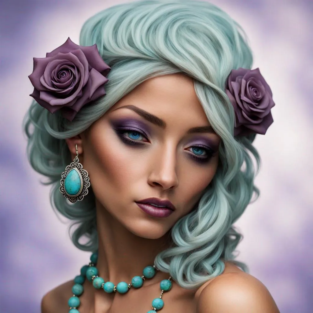 Prompt:  dusky purple rose , turquoise jewelry