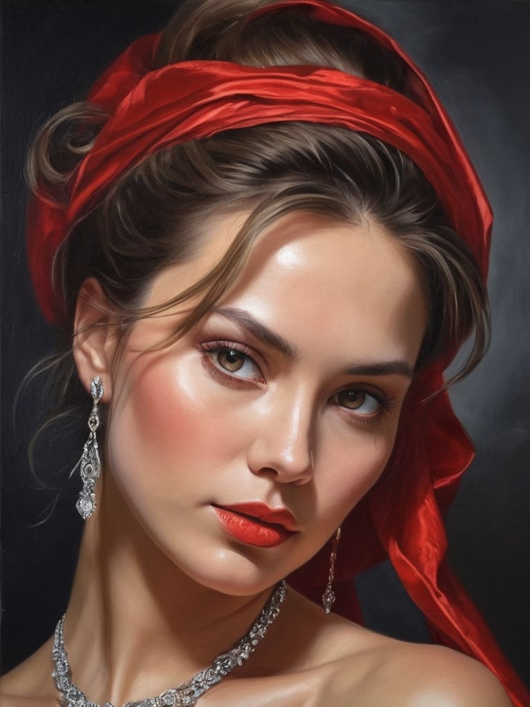 Prompt: <mymodel>Realistic oil painting of a powerful and elegant woman, flowing red gown, intricate jewelry, captivating gaze, detailed facial features, high quality, realistic, oil painting, elegant, flowing gown, powerful, captivating gaze, detailed facial features, intricate jewelry, professional lighting