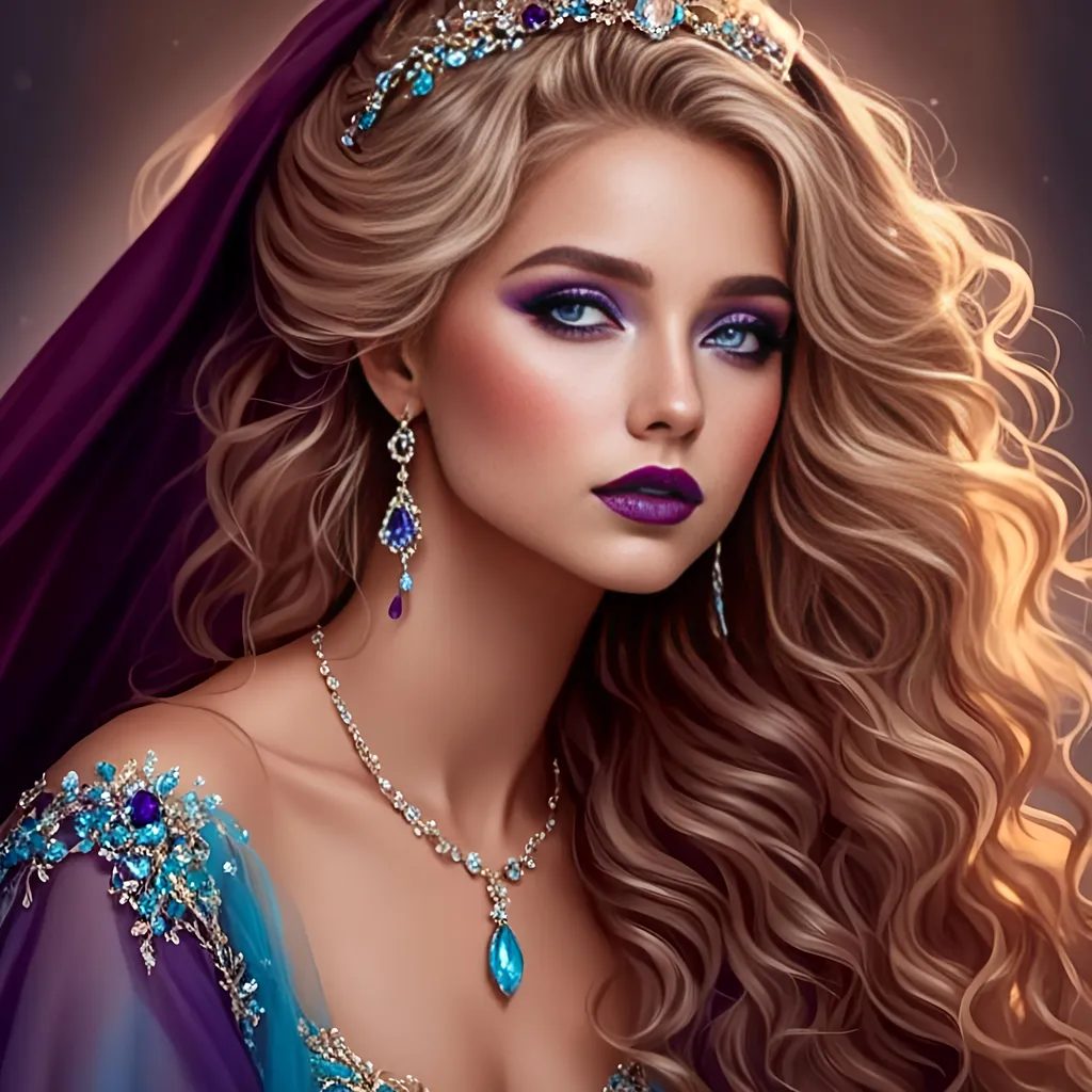 Prompt: <mymodel>Beautiful ethereal woman, long blonde hair,and icy blue eyes color, purple lipstick, facial closeup