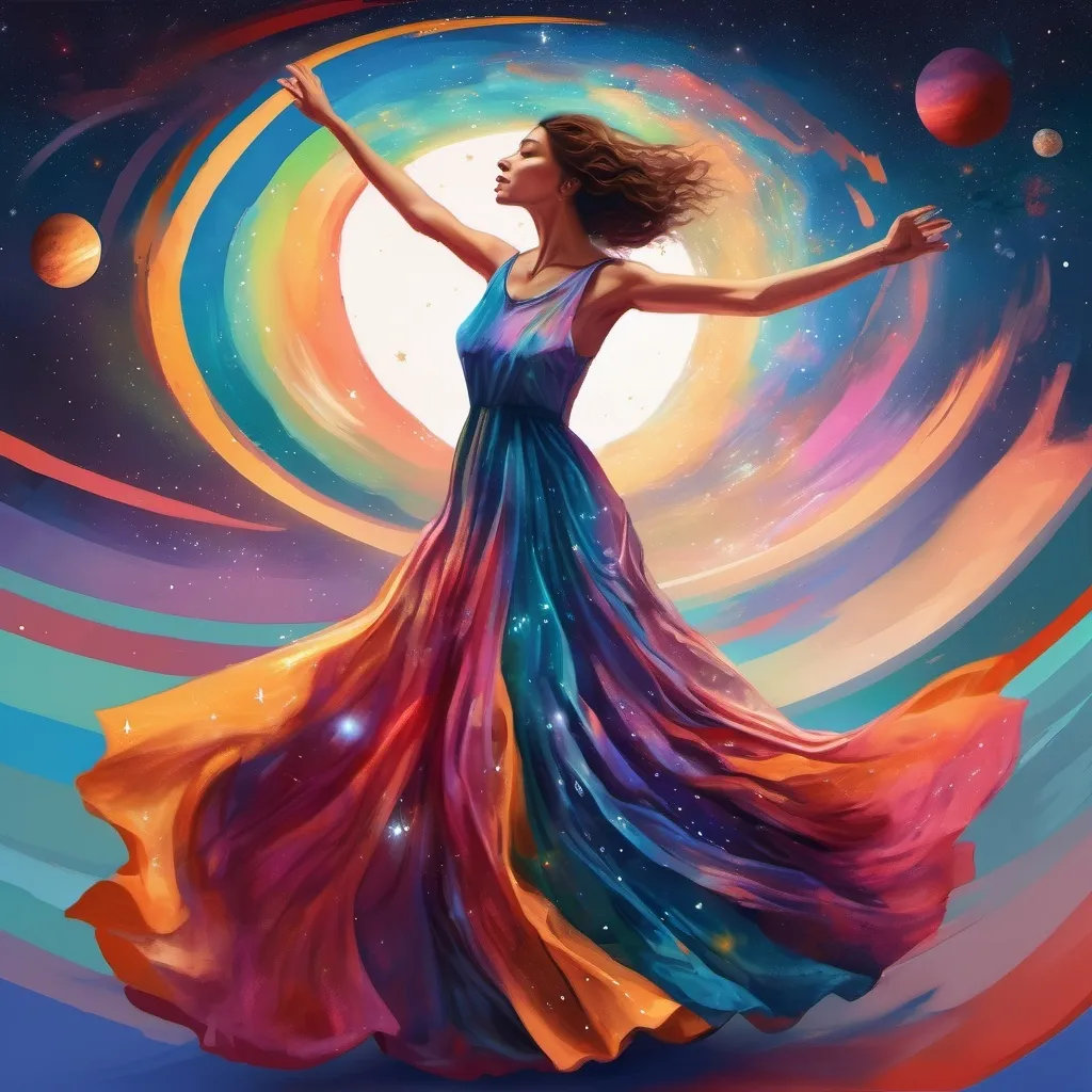 Prompt: a woman in a long dress is dancing in the space with a colorful dress on her body and a colorful background, Daphne McClure, space art, highly detailed digital painting, an ultrafine detailed painting