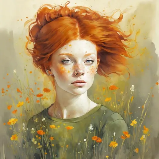 Prompt: ginger haired girl, wildflowers