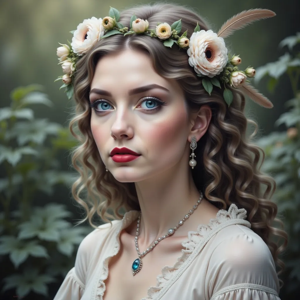 Prompt: a woman with a feather on her head and a necklace on her neck and a necklace on her head, Colin Middleton, photorealism, highly detailed oil painting, a photorealistic painting