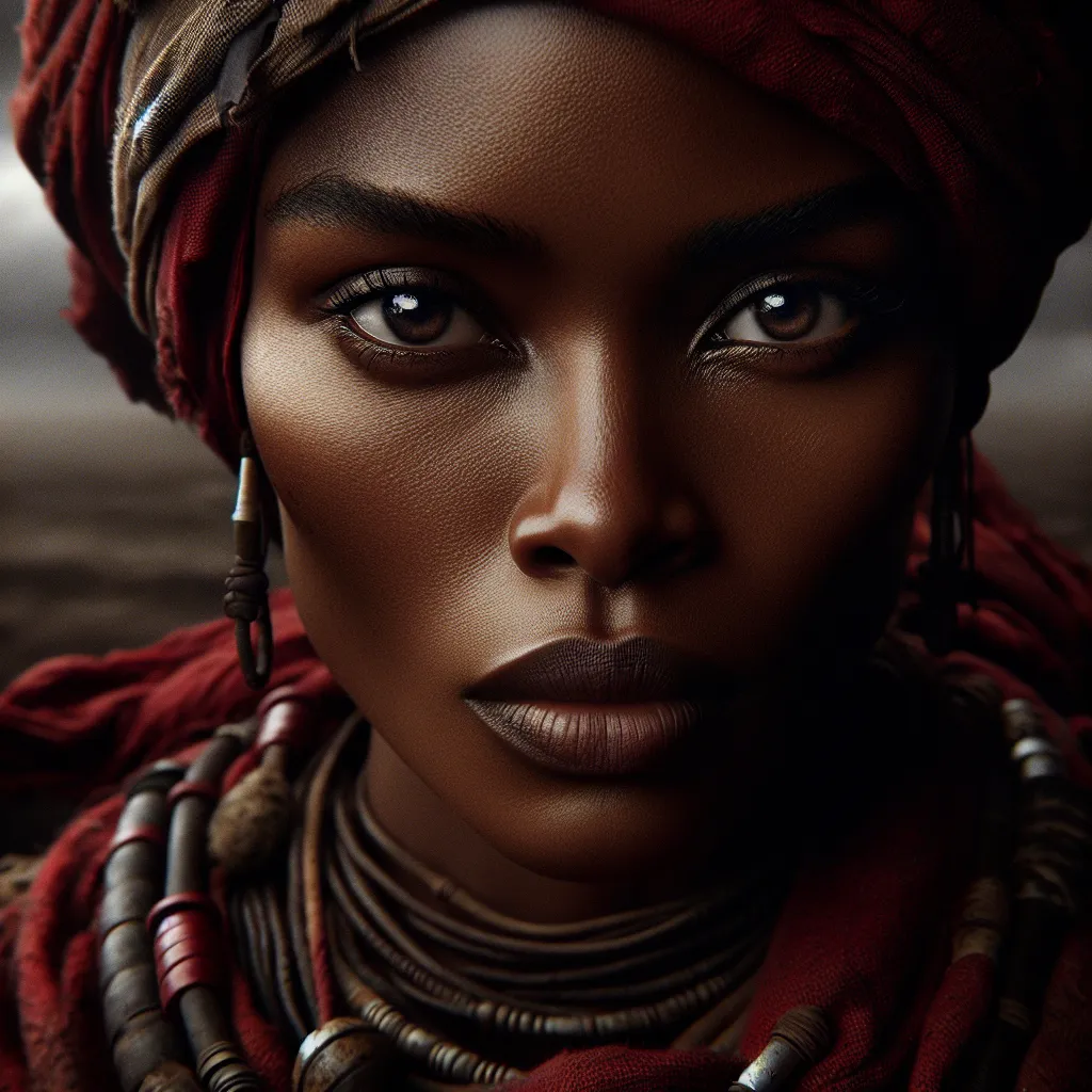 Prompt: attractive dark skin warrior women, tribe from africa, red cloth clothing with beads, peircing eyes, national geographic cover, styled after afgan girl - serious and somber look with a stone cold stare directly at focal point, realistic living with dirt, beauty and conflict --ar 9:16 --v 6.0